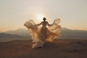 Woman dancing on the desert. In the vast desert, a silhouette dances at dawn/dusk, her form mirrored by the sky's radiant hues. A moment of sublime solitude and freedom, captured forever.