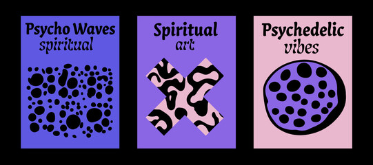 Poster - Psychedelic retro posters with geometric shapes and ornaments in pink and blue ultraviolet color palette. New Age spiritual style. 