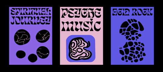 Poster - Psychedelic retro posters with geometric shapes and ornaments in pink and blue ultraviolet color palette. New Age spiritual style. 