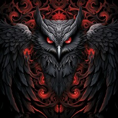 a wallpaper featuring a Owl With Spreading Wings with two red and black wings set against a dark background. The style should blend humor with heart, showcasing light gray and dark black tones. For in