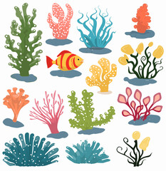 Various Colorful Coral Underwater Plant and Cartoon Fish Under the Sea in Set of Vector