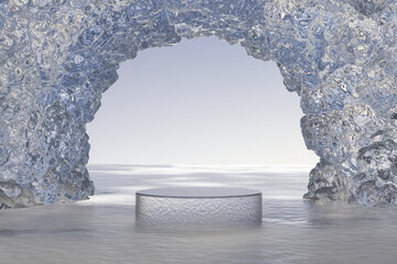 Wall Mural - Abstact pedestal 3d render winter scene and Natural background, Ice podium on the ice ocean backdrop crystal arch for product display, minimalist mockup and showcase