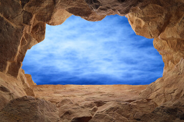 Wall Mural - Abstact 3d render and natural podium background, The cave style podium create from stone and rock, Backdrop night sky for product display, minimalist mockup and showcase