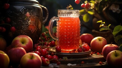 A glass of red apple juice with leaves and apples on the table, black background. AI generated