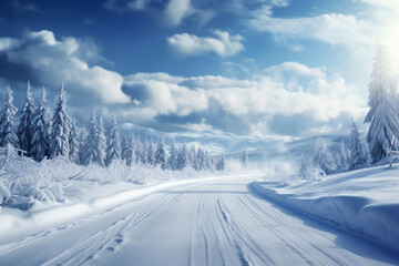 Wall Mural - Snowy and frozen mountain road in winter landscape. ai generative