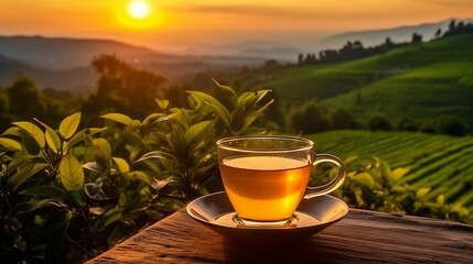 Cup of tea against a beautiful landscape of tea fields at sunrise. Cup of black tea on a saucer standing on a growing bush of a China tea Plantation while sunset. Hot drinks concept.