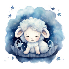 Wall Mural - Cute watercolor baby good night sheep on moon Illustration AI Generative