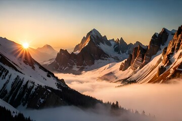 Wall Mural - An image of a majestic mountain range at sunrise, with the peaks bathed in warm golden light and a blanket of clouds below.