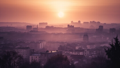 Canvas Print - Silhouette skyline, back lit sunset, panoramic cityscape generated by AI