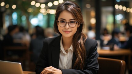 Happy young Asian girl working at a coffee shop with a laptop.