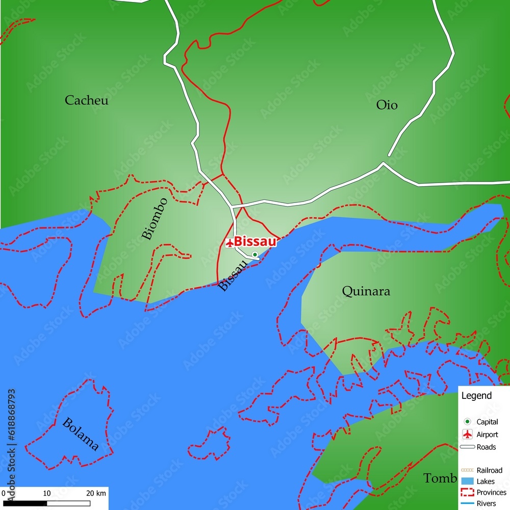 [BAA] å_Map of the capital city Bissau with main streets, rivers, lakes ...