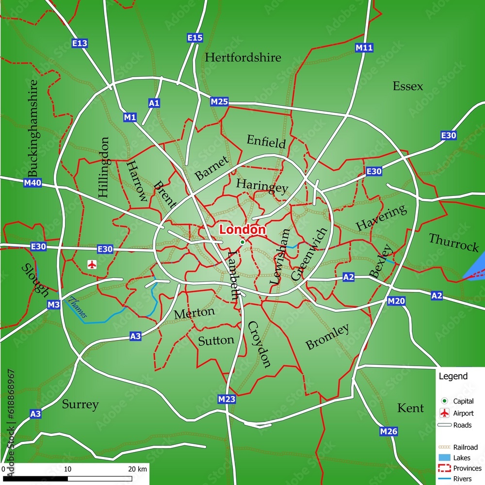 Map of the capital city London with main streets, rivers, lakes, urban