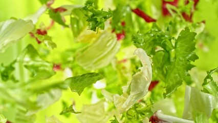 Aufkleber - Super slow motion of rotating fresh lettuce flying up in the air. Filmed on high speed cinema camera, 1000 fps, placed on high speed cine bot, following the target. Speed ramp effect.