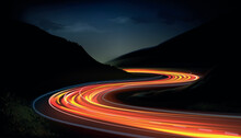 Car Speed Lights. Glowing Trail, Highway Road Line, Fast And Long Night Exposure, Red Lane Blurred Effect. Mountains And Night Sky. Vector Abstract Background With Dynamic Flashlight