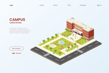 Poster - Isometric university campus. Landing page. Students education. School yard. College studying. Building and asphalt road. Online course infographic. Vector illustration website template