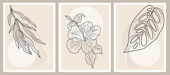 Wall Mural - Botanical wall art vector set. Nordic line art drawing - hibiscus flower, monstera, eucalyptus leaves. Abstract design  print, cover, wallpaper. Minimal monochrome beige and black vector illustration