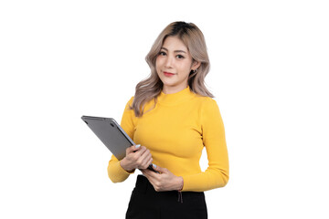 Portrait of a happy asian businesswoman working on laptop computer isolated over white background.