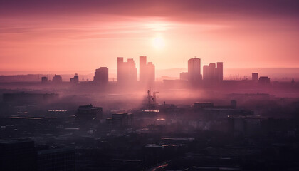 Sticker - Silhouette skyline back lit by sunset glow generated by AI