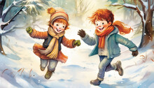 Old-fashioned Christmas Illustration Of Kids Playing In The Snow. Generative AI Illustrations