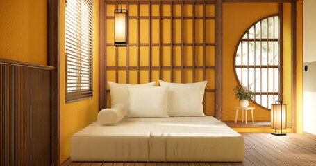 Wall Mural - Minimal yellow interior mock up with zen bed plant and decoartion in japanese bedroom. 3D rendering.