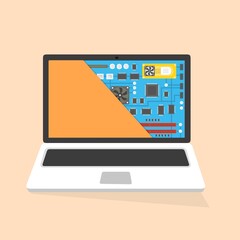 Poster - Riparazione laptop, servizio informatico. Scheda madre nella sezione dello schermo. Illustrazione elettronica fai da te tecnologia assistenza tecnica