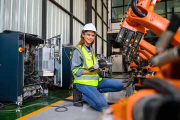 Wall Mural - Female engineer worker working with robotic machine automation