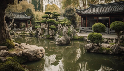 Wall Mural - Tranquil pond reflects ancient pagoda in nature generated by AI