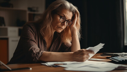 Sticker - Worried businesswoman studying paperwork, calculating debt with frustration generated by AI