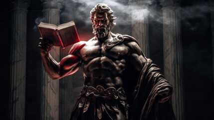 Wall Mural - Male sculpture of a deity, muscular and brutal Zeus with lightning and a book. Created with AI.