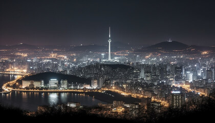 Canvas Print - Illuminated skyscrapers light up Tokyo cityscape at dusk generated by AI