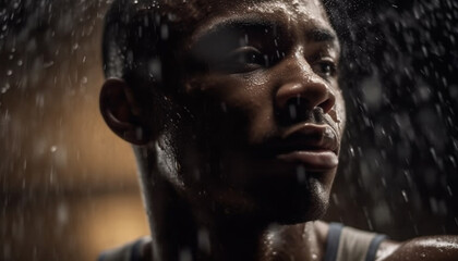 Poster - Young adult man splashing in the rain generated by AI