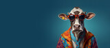 Fototapeta Zwierzęta - A portrait of a funky cow wearing sunglasses, funky jacket and a blue tie on a seamless dark blue background, copy space for text. Generative AI technology