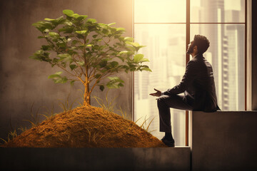 Business development to success and growing growth concept. Businessman taking care of the tree on top of a building in metropolis. High quality photo