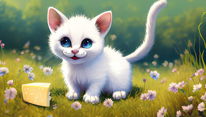 drawing of a white kitten with blue eyes smiling full length in a field of flowers