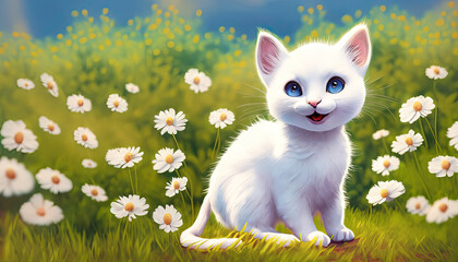 drawing of a white kitten with blue eyes smiling full length in a field of flowers