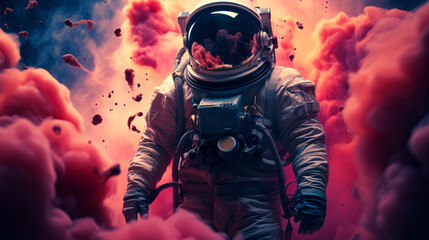 Wall Mural - illustration of man in space suit inside softly glowing pink and blue galactic cloud. peaceful galax