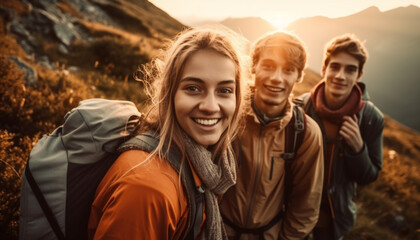 Sticker - Young adults hiking in nature, smiling joyfully together generated by AI