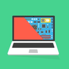 Poster - Riparazione laptop, servizio informatico. Scheda madre nella sezione dello schermo. Illustrazione elettronica fai da te tecnologia assistenza tecnica