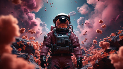 Wall Mural - illustration of man in space suit inside softly glowing pink and blue galactic cloud. peaceful galax