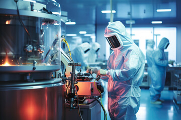 A man in a protective suit working on a machine. Generative AI. Workers in protective wear in industrial manufacturing cleanroom environment.