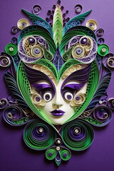 Wall Mural - A purple and green mask on a purple background. Generative AI.