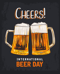 international beer day vector clip art, banner, poster with lettering cheers. beer mugs vector art i