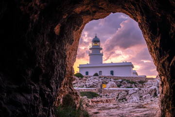 Wall Mural - Landscape of a beautiful sunset at Cavallerie Lighthouse. Menorca, Spain