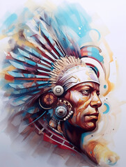 Wall Mural - A painting of a native american man wearing a feather headdress. Generative AI.