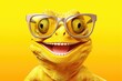 Leinwandbild Motiv Portrait of smilling chameleon with sunglasses on yellow background.