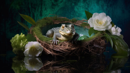 Wall Mural - A small crocodile in a beautifully decorated photo zone, in a nest with lily flowers. Photo session of amphibians in a photo studio. Created in ai.