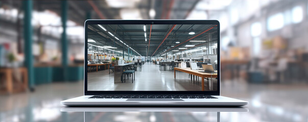 Front view of laptop with screen. Modern architecture in the background. generative ai