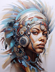 Wall Mural - A painting of a woman wearing a headdress. Generative AI. Native spirit, tribal character.