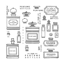 Rectangular Antique Glass Perfume Bottles With Antique Caps And Cork Stoppers, Lettering. Set Of Black And White Fashion Sketches. Vector Illustration On A White Background.