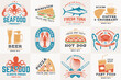© sivvector - Set of seafood and fast food retro badge. Vector. For seafood emblem, sign, patch, shirt, menu restaurants with tuna, trout, shrimp, octopus crab mussels and clams, hotdog, burger, pizza